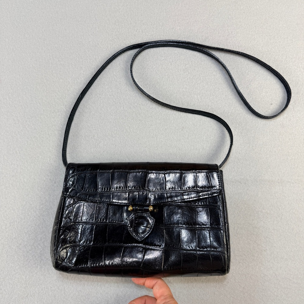Vintage Furla Black Croc Embossed Leather Crossbody Bag Removable Strap Italy